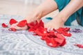 Beautiful female tanned legs with pink pedicure among rose petals, close-up Royalty Free Stock Photo