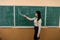 Beautiful female teacher near blackboard learn mathematical in classroom