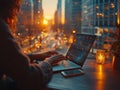 Beautiful Female Using Laptop Computer, beautiful view of the evening city in the background Royalty Free Stock Photo
