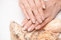 Beautiful Female well-groomed Hands with French manicure holding sea shell over light background Royalty Free Stock Photo