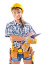 beautiful female worker wearing sleeveless shirt with many construction tools writing in clipboard and looking at camera isolated Royalty Free Stock Photo