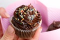 Beautiful feminine hand holding tasty appetizing chocolate cupcake. Pink Gift Box. Closeup.