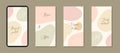 Beautiful feminine set of vertical social media post templates with minimal abstract organic shapes composition