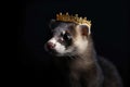 Beautiful Ferret In Gold Crown On Matte Black Background. Generative AI