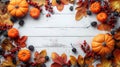 Festive Autumn Decor with Pumpkins, Berries, and Leaves on White Wood Background - Thanksgiving Day or Halloween Flat Lay with Royalty Free Stock Photo