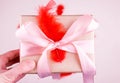 A beautiful festive box with a gift, with bright feathers and hearts. Celebration