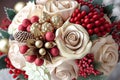 beautiful festive christmas flowers bouquet like as candies with decoratives and berries Royalty Free Stock Photo