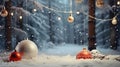 Beautiful Festive Christmas snowy background with holiday lights. Christmas tree decorated with red balls and knitted toys in Royalty Free Stock Photo