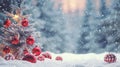 Beautiful Festive Christmas snowy background with holiday lights. Christmas tree decorated with red balls and knitted toys in Royalty Free Stock Photo
