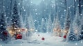 Beautiful Festive Christmas snowy background with holiday lights. Christmas tree decorated with red balls and knitted toys in Royalty Free Stock Photo