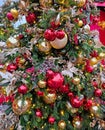 Beautiful Festive Christmas tree decorations. New year and christmas holiday concept. Royalty Free Stock Photo