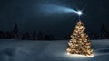 Beautiful festive Christmas tree with lights garlands in a snowy field with forest and star at Christmas night. New Year and Royalty Free Stock Photo