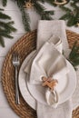 Beautiful festive place setting with stylish decor for Christmas dinner on white wooden table, flat lay Royalty Free Stock Photo