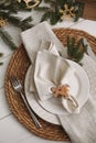 Beautiful festive place setting with stylish decor for Christmas dinner on white wooden table, flat lay Royalty Free Stock Photo