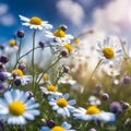 Beautiful field meadow flowers chamomile, blue wild peas in morning against blue sky with clouds. Royalty Free Stock Photo