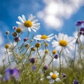 Beautiful field meadow flowers chamomile, blue wild peas in morning against blue sky with clouds. Royalty Free Stock Photo