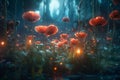 beautiful field of poppies in dark forest close up Royalty Free Stock Photo