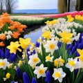 Beautiful Field of Spring Flowers with Narcissus, Tulips, and Muscari