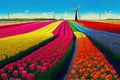 Beautiful field of tulips in rainbow colors, Holland regions - Generative AI Royalty Free Stock Photo