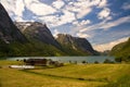 Fields and farmhouse by Kjosnesfjorden lake, Norway