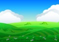 Beautiful fields landscape with a dawn, green hills, bright color blue sky, background in flat cartoon style. Royalty Free Stock Photo