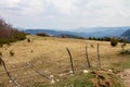 Beautiful Field with Grass Blue Mountains in the Background and Fluffy Clouds Above Royalty Free Stock Photo