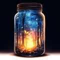 Firefly jar with a night dreamy dusk forest ambience inside of it Generative AI Royalty Free Stock Photo