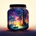 Firefly jar with a night dreamy dusk forest ambience inside of it Generative AI Royalty Free Stock Photo