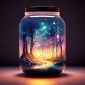 Firefly jar with a night dreamy dusk forest ambience inside of it Generative AI Royalty Free Stock Photo