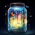 Firefly jar with a night dreamy dusk forest ambience inside of it Generative AI Royalty Free Stock Photo