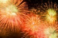 Beautiful firework as golden chrysanthemum, spherical break of colored stars, similar to a peony, but with stars that