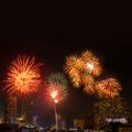 colorful firework display for celebration happy new year and merry christmas with Twilight night and firework lighting in Royalty Free Stock Photo