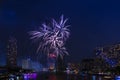 firework display for celebration happy new year and merry christmas with Twilight night and firework lighting in Royalty Free Stock Photo