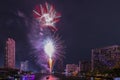 firework display for celebration happy new year and merry christmas with Twilight night and firework lighting in Royalty Free Stock Photo