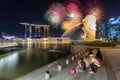 Beautiful firework over central business district building of Singapore city at night