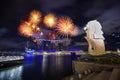 Firework over Merlion park in Singapore city