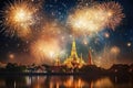 Beautiful firework show at Wat Arun temple, Bangkok, Thailand, Beautiful firework show for celebration with blur bokeh light over