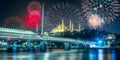Beautiful fireworks above Bosphorus bridge at night Istanbul Royalty Free Stock Photo