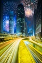 Beautiful fireworks above cities street of Hong Kong Royalty Free Stock Photo