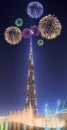 Beautiful fireworks above dancing fountain Burj Khalifa in Dubai, UAE Royalty Free Stock Photo