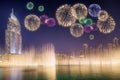 Beautiful fireworks above dancing fountain Burj Khalifa in Dubai, UAE Royalty Free Stock Photo