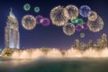 Beautiful fireworks above dancing fountain Burj Khalifa in Dubai, UAE Royalty Free Stock Photo