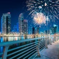 Beautiful fireworks above Dubai Marina bay, UAE Royalty Free Stock Photo