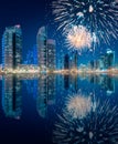 Beautiful fireworks above Dubai Marina bay, UAE Royalty Free Stock Photo