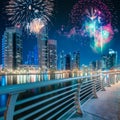 Beautiful fireworks above Dubai Marina bay, UAE Royalty Free Stock Photo