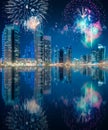 Beautiful fireworks above Dubai Marina bay, UAE Royalty Free Stock Photo