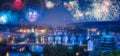 Beautiful fireworks above Prague with bridges on Vltava river Royalty Free Stock Photo