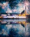 Beautiful fireworks above public ferry and old district of Istanbul Royalty Free Stock Photo