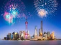 Beautiful fireworks above Shanghai skyline at night Royalty Free Stock Photo