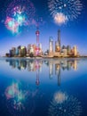 Beautiful fireworks above Shanghai skyline at night Royalty Free Stock Photo